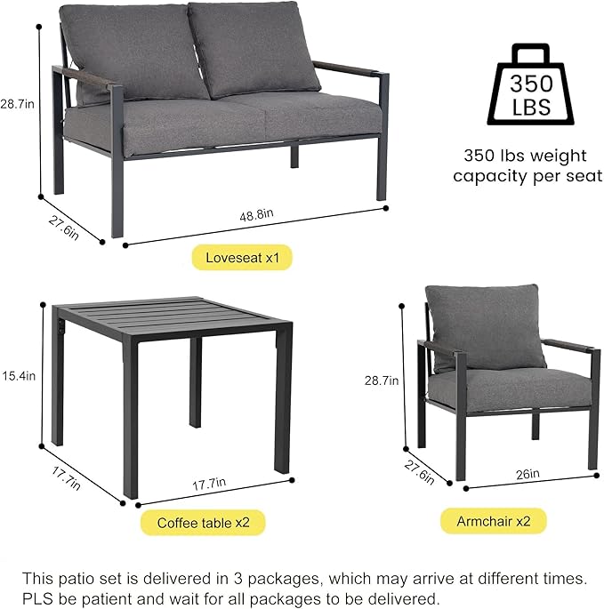 Metal Patio Furniture Set, 5-Piece Modern Patio Set with Sofa and Coffee Tables, Outdoor Furniture Set for Garden, Backyard, Balcony, Poolside (Dark Grey)