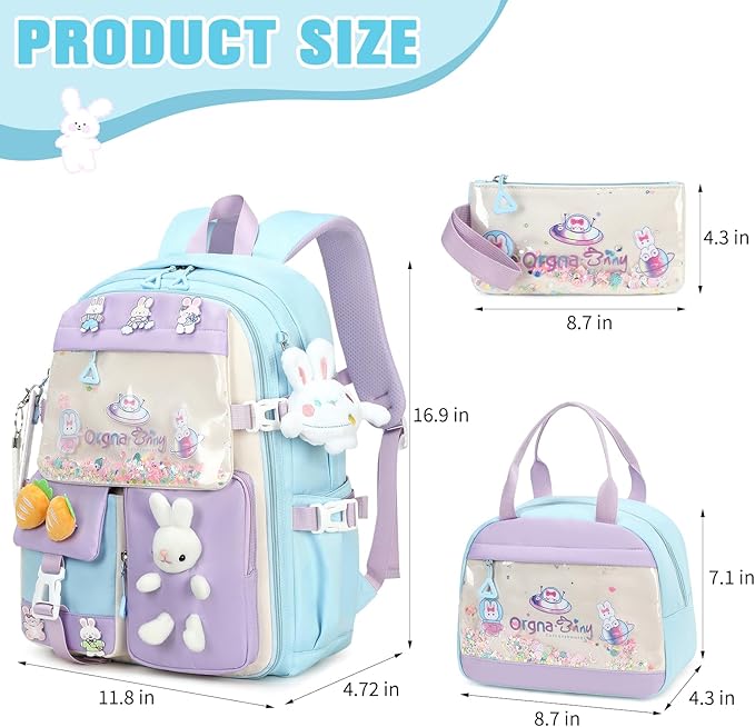 Backpack for Girls Cute Bookbag Set with Lunch Box Pencil Case Kawaii Bunny School Backpacks for Girl 3 Pcs Kindergarten Elementary Preschool Middle Sequin School Bag for Girls (Blue)