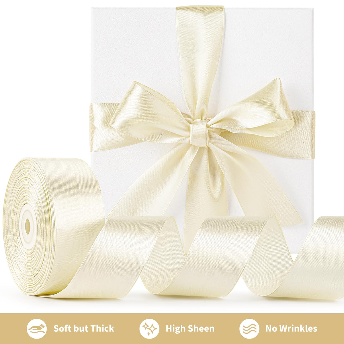 Mauproy 1-1/2 Inch Wide Ivory Satin Ribbon, 50 Yards Solid Polyester Fabric Ribbon for Roses Making, Gift Wrapping, Flower Bouquets, Wedding Decorations, Handmade Crafts