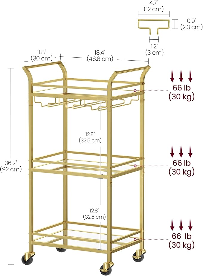 VASAGLE Bar Cart, Home Bar Serving Cart, Small Bar Serving Cart with 3-Tier Shelf, Wine Holders, Glass Holders, Mini Bar Cart for Small Spaces, Kitchen, Dining Room, Living Room, Pale Gold
