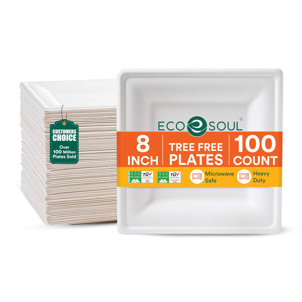 ECO SOUL 10 Inch Disposable Bagasse Paper Plates (100 Pack, Square)