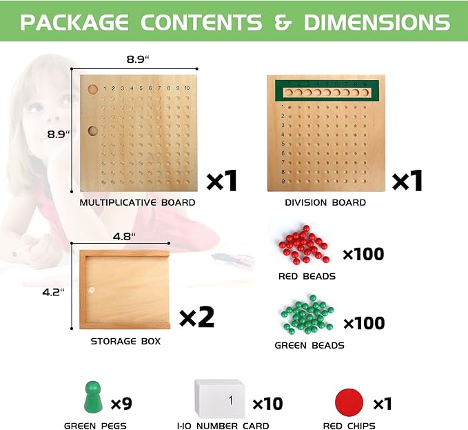 YHZAN Montessori Math Board Learning Multiplication & Division STEM Wooden Educational Toy Manipulative for Homeschooling Classroom Activity