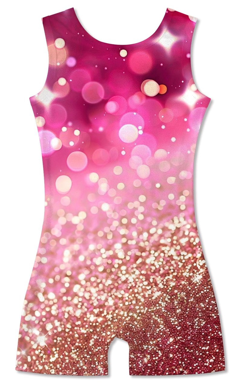 Funnycokid Gymnastics Leotards for Girls Dance Clothes Sparkly Outfits Unitard with Shorts, Diamond Pink Gold, 7-8 Years