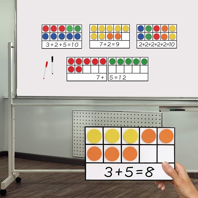 Torlam Magnetic Ten-Frame Set - Math Manipulative for Elementary - 5 Ten Frames & 55 Magnetic Counters for Kids, Kindergarten Math Games (Upgraded Version for Hand-held & 2 Black Pens)