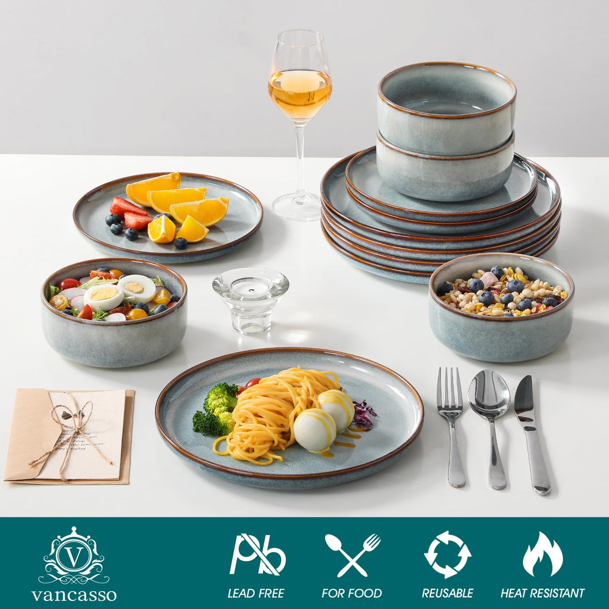 vancasso PLAYA Plates and Bowls Sets,12 Pieces Grey Dinnerware Sets for Kitchen,Reactive Glaze Dishes Set for 4,Dishwasher and Microwave Safe