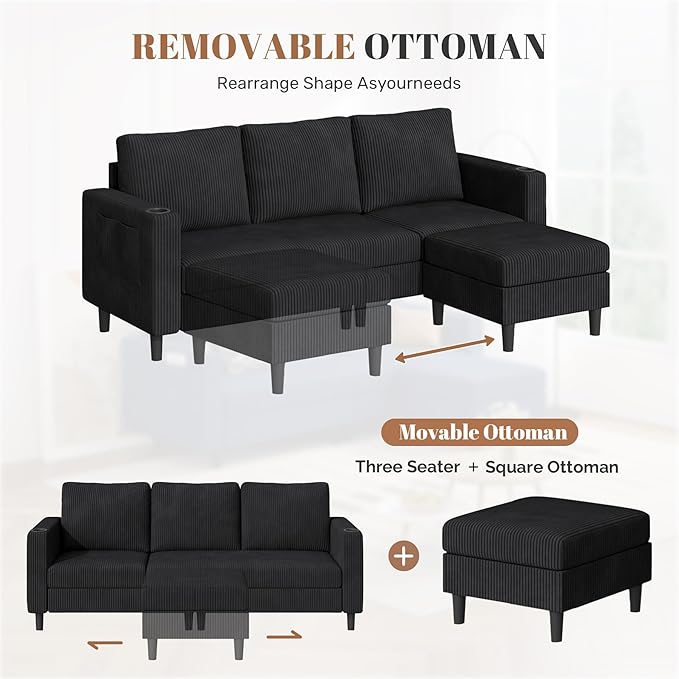 Upholstered Sectional Sofa and Couches, 78'' L Shaped 3-seat Sofa for Living Room, Apartment, Lounge,Bedroom-Washable Covers Convertible Sofas(Corduroy,Black)