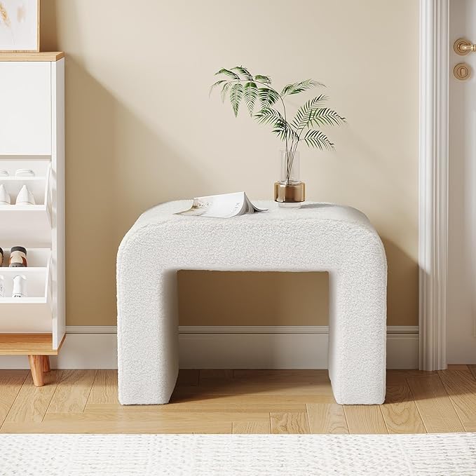 Tribesigns Foot Stool for Couch, Modern Boucle Vanity Stool Chair, Large Faux Sherpa Ottoman Foot Rest, Arched Shoe Bench or Entryway, Upholstered Extra Seating for Living Room, Fully Assembled, White