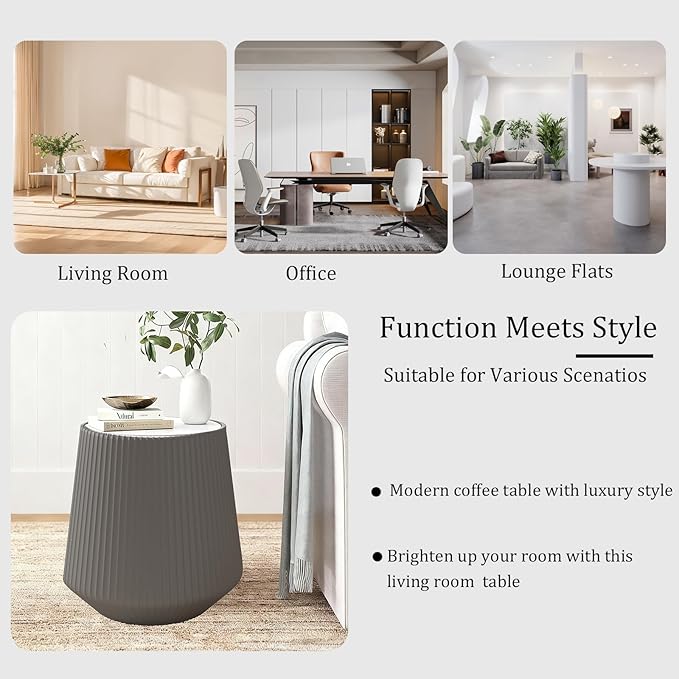 Round Coffee Table Set with Sintered Stone Tabletop, 26.77" Grey Drum Center Table and 19.68" Grey Coffee Table Set, 2 Pieces Living Room Table Set with Fluted PU Leather Cover& Stable Base