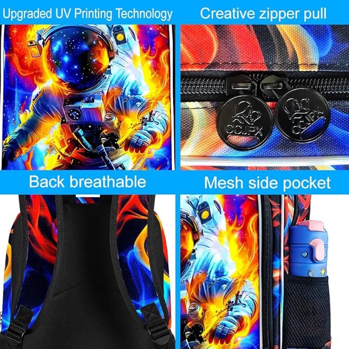 KLFVB 3PCS School Backpack for Kids, 17" Astronaut Backpack and Lunch Box, Water Resistant Teenagers School Backpacks for Middle Elementary - Flame Space Adventure