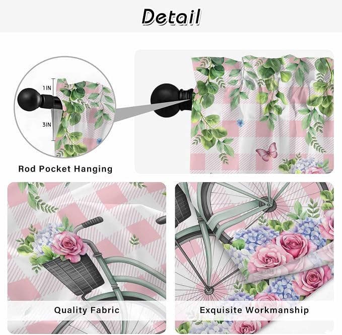 Spring Kitchen Curtains, Bicycles Leaves Butterfly Flowers Pink Buffalo Plaid