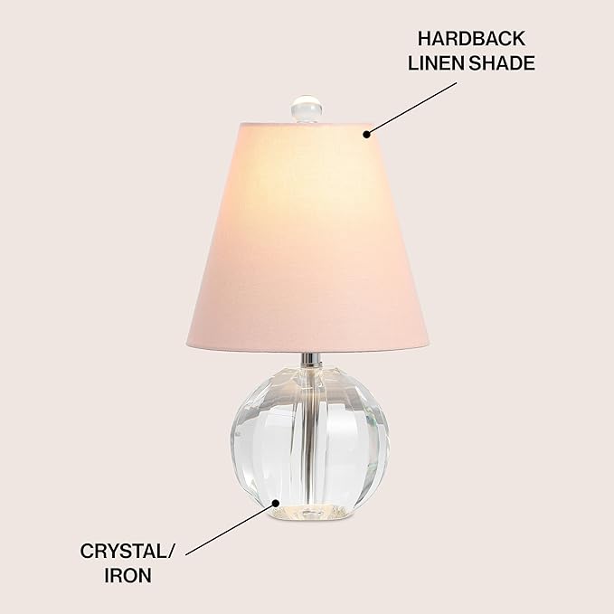 JONATHAN Y 16" Clear/Pink Crystal Ball LED Table Lamp, White Modern Bedside Lamp, with White Linen Empire Shade, Glam Orb Glass Nightstand Lamp for Living Room, LED Bulb (JYL2079C)