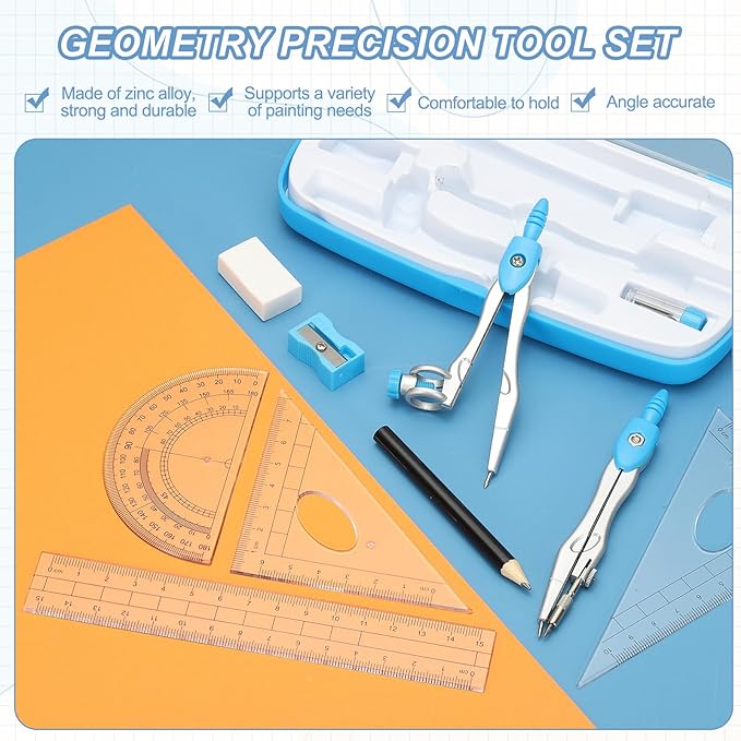 PATIKIL Geometry Precision Tool Set, 11 Pcs Geometry Set Compass Tool with Shatterproof Storage Box Rulers Math Compass Kit for Math Drafting Supplies, Sky Blue(Style 2)