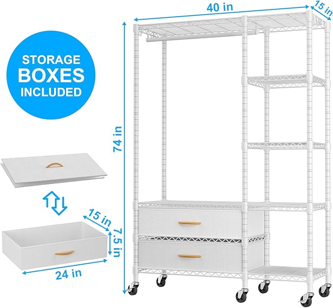 Ulif F3R Heavy Duty Clothes Rack（With Lockable Wheels）Freestanding Clothing Racks for Hanging Clothes，Adjustable Closet Organizer System，Portable Garment Rack 40"W x 15"D x 74"H，Max Load 700LBS，White