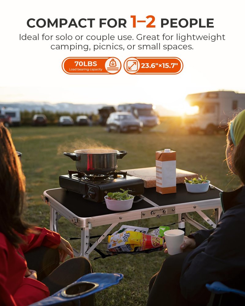 Sportneer Camping Table: Adjustable Height Small Folding Table 23.6" L x 15.7" W 4 Height with Mesh Layer - Compact & Portable Camping Essentials for Outdoor Camp Garden Picnic BBQ Dining Cooking