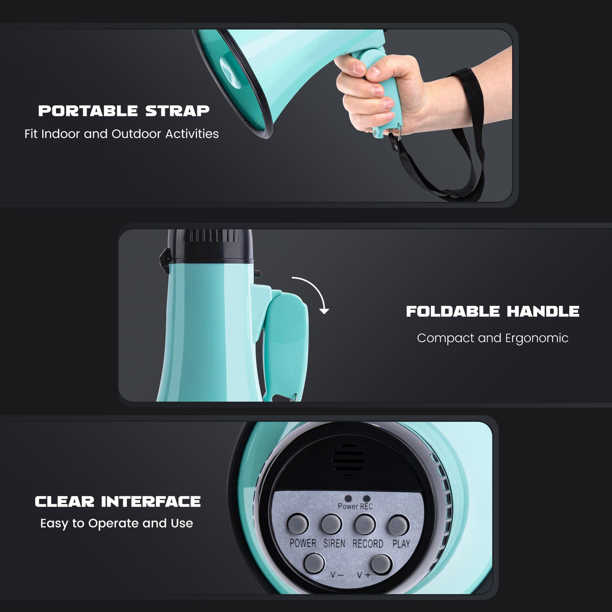 MyMealivos 20W Megaphone Bullhorn, Built in Siren & 240s Recording, 5.4"×8.6" Portable Megaphone with Volume Control Cover Up to 300 feet+ for Indoor and Outdoor Activities(Teal)