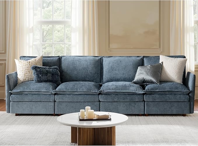 HULALA HOME 128'' Oversized Modular Sectional Sofa with Dual-Layered Cushions, 4 Seater Sofa with Storage Ottoman and Removable Cover, Modern Deep Seat Cloud Couch for Living Room, Blue