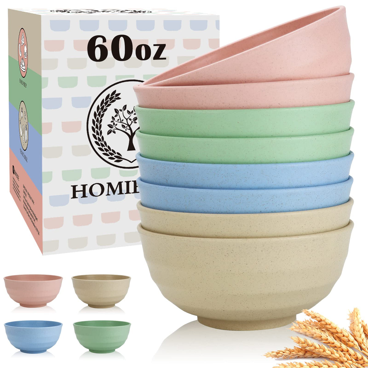 Homienly Soup Bowls, Cereal Bowl, Premium Wheat Straw Bowls Set of 8, Unbreakable Plastic Bowls Microwave Safe, Dishwasher Safe Serving Bowl for Kitchen, Breakfast, Dinner, Salad, Poke (Blue, 26 OZ)