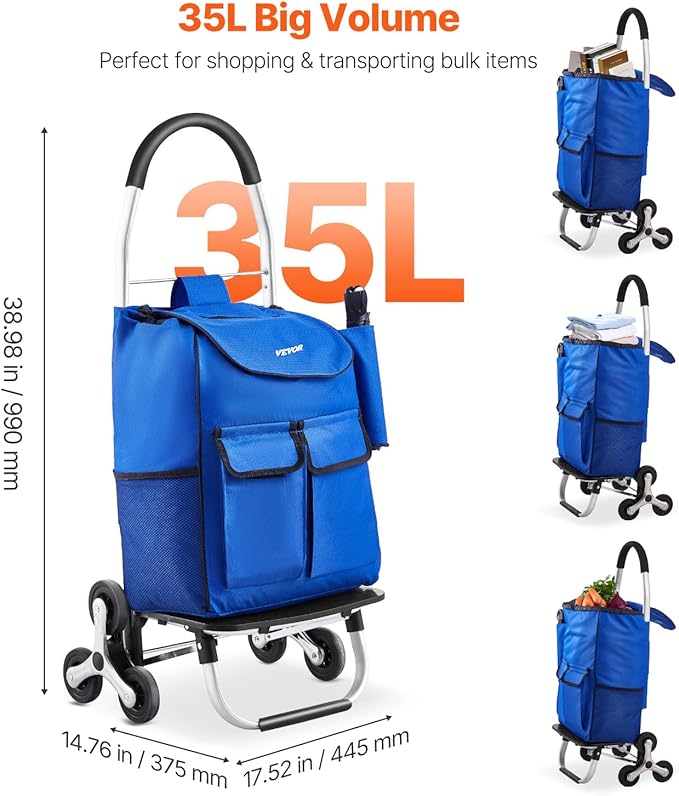 VEVOR Stair Climber Cart, 36L Capacity, Grocery Cart Laundry Stair Climbing Handcart with 6 Wheels & Oxford Cloth Bag, Foldable Stair Climber Hand Truck for Grocery Laundry Climbing