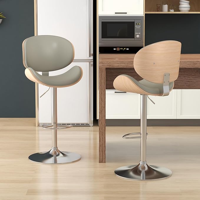 KCC Bar Stools Set of 4, Swivel Adjustable Height Barstools, PU Leather Upholstered Bar Chairs with Footrest, Bentwood Bar Stool for Kitchen, Bar, Dining Room(Grey PU)