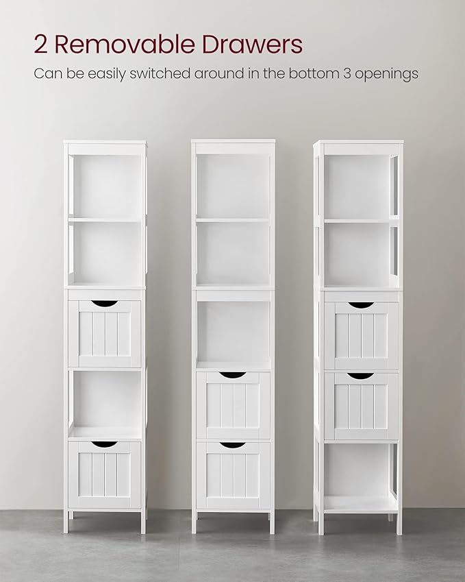 VASAGLE Storage Cabinet, Storage Organizer Rack Stand for Bathroom, Living Room, Bedroom, Multifunctional Corner Unit, 2 Drawers, 55.7 Inches in Height, White UBBC66WT