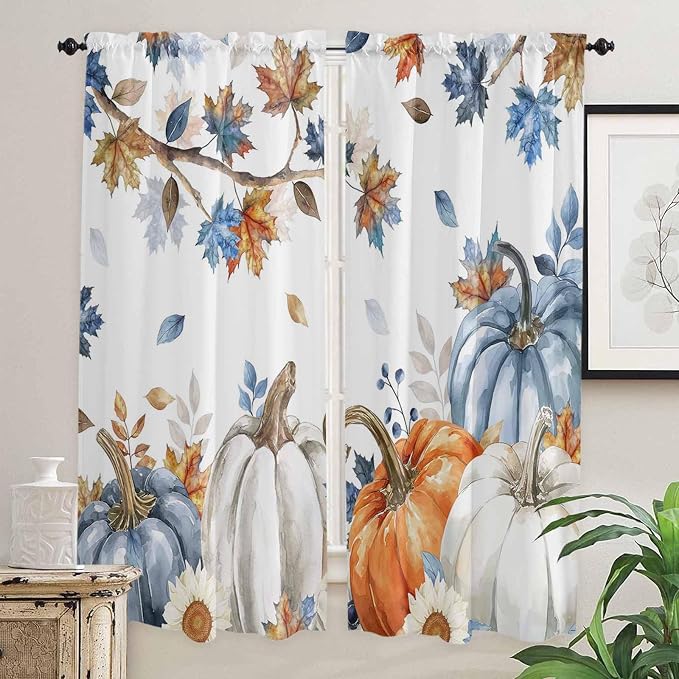 Navy Blue Pumpkin Fall Window Curtains 72 Inch Long 2 Panel Set, Rod Pocket