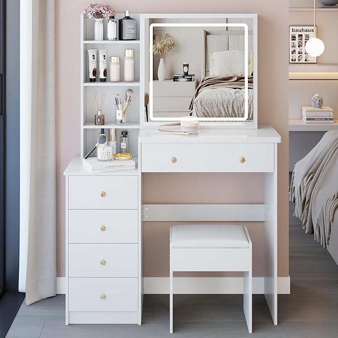 37" Vanity Desk with Mirror and Lights, Makeup Table with Led Lights and Sliding Mirror, 3 Lighting Colors, Vanity Set with Drawers and Stool for Bedroom, White