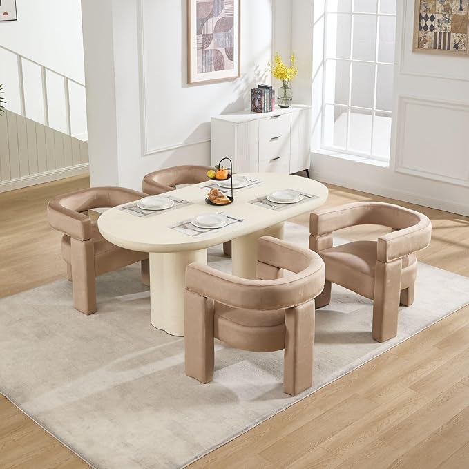 Khaki Dining Chairs Set of 3, Upholstered Velvet Barrel Chairs with Arms Comfy Side Chairs for Living Room/Dining Room/Reception