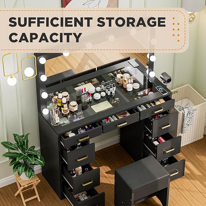 Likein Vanity Desk with Lights and Power Strip - 47'' Glass Top Vanity with Lighted Mirror, 9 Drawers Makeup Vanity with Lights, Black Vanity Set with Chair, 3 Lighting Modes Dressing Table