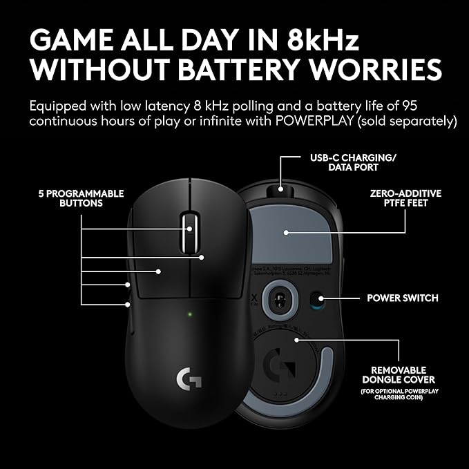 Logitech G PRO X Superlight 2c Wireless Gaming Mouse, 51 g pro-Grade Compact Mouse with 5 programmable Buttons, USB-C Charging, 44K DPI Sensor, up to 8 kHz Polling for PC/Mac - Black