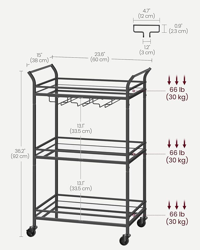 VASAGLE Bar Cart Black, Small Home Bar Serving Cart with 3-Tier Mirrored Shelf, Wine Holders, Glass Holders, for Small Spaces, Kitchen, 15 x 23.6 x 36.2 Inches, Black ULRC100B01