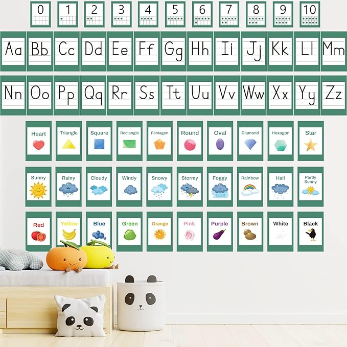 67 PCS Classroom Alphabet Number Educational Poster Cards with Weather Shape Color Learning Cards Decorations, Eucalyptus Green Bulletin Board Letter, School Home Wall Decor for Teacher