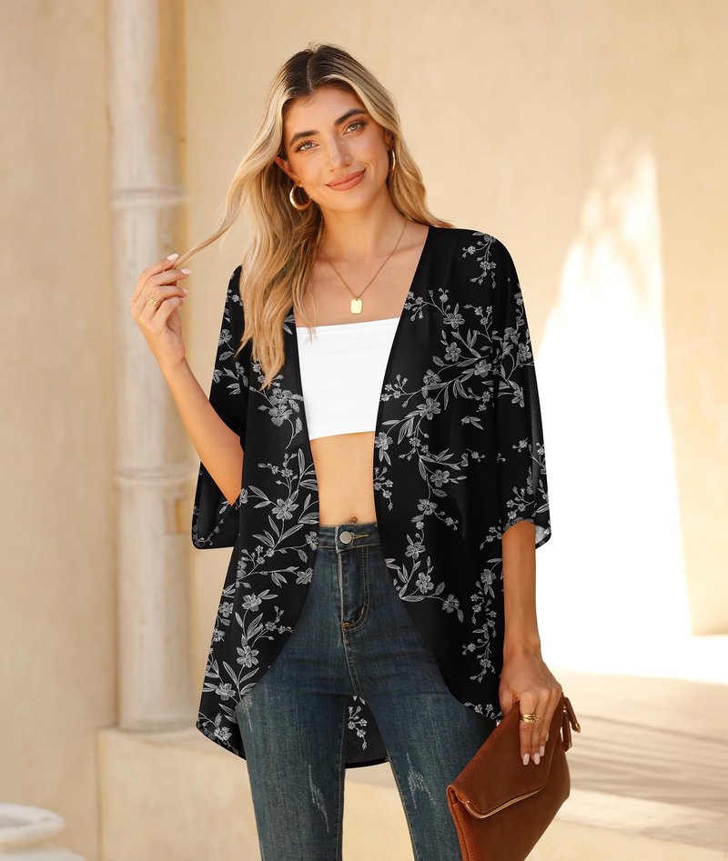 LILBETTER Womens Floral Chiffon Kimono Cardigans Loose Beach Cover Up Half Sleeve Tops(Black Leaves Large)