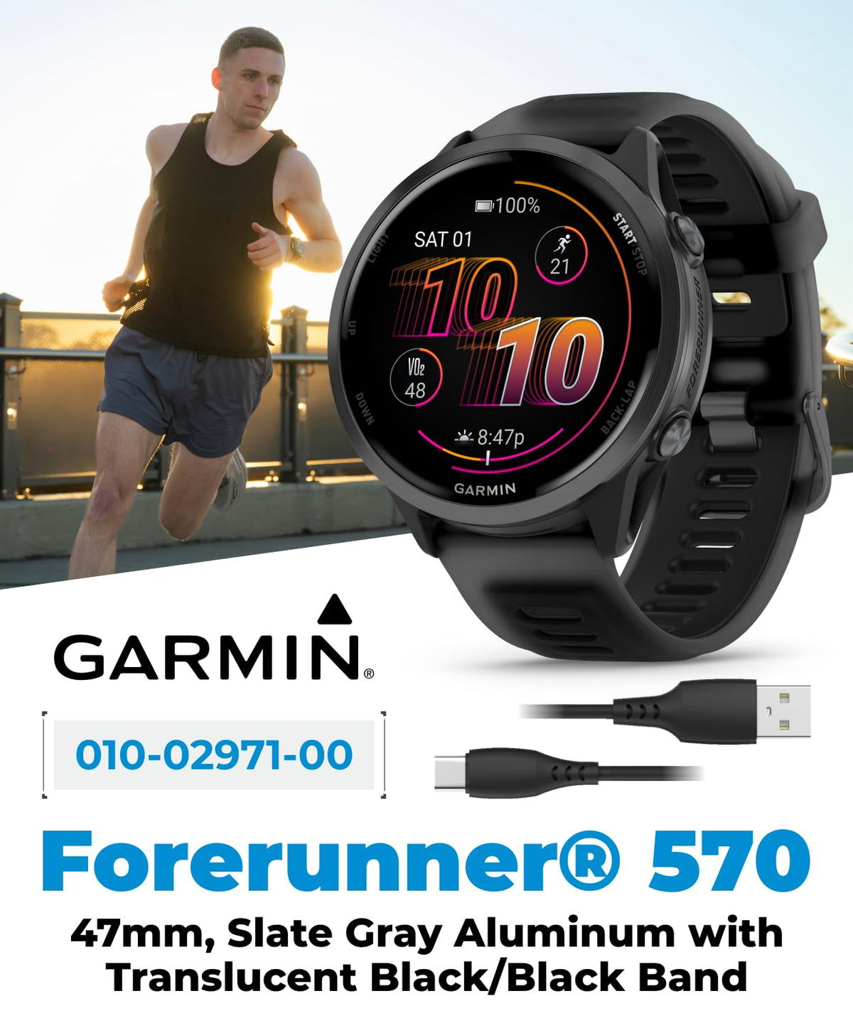 Garmin Forerunner 570 47mm Advanced GPS Running & Triathlon Smartwatch, AMOLED Display, Training & Recovery, Slate Gray Aluminum, Translucent Black & Black Band w/ Wearable4U BLK Earbuds Bundle