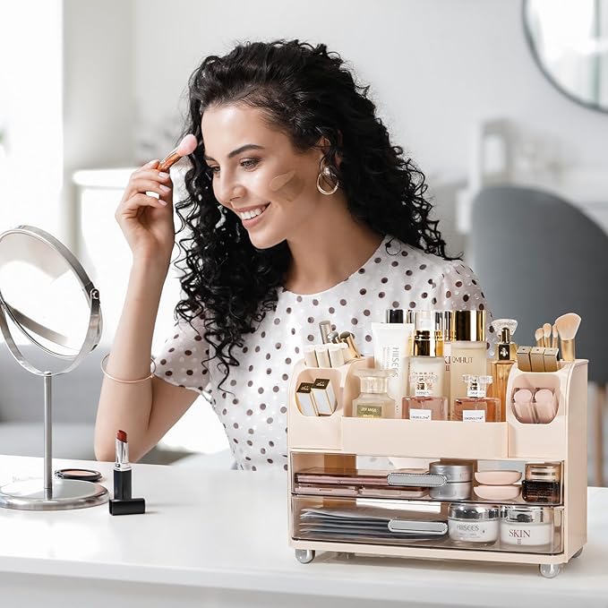 Anyoifax Makeup Organizer Countertop with Large Drawers, Vanity Organizer with Brush Holder, Skin Care Storage for Dresser, Perfume Organizer for Lotion, Lipsitck, Palette, Beige