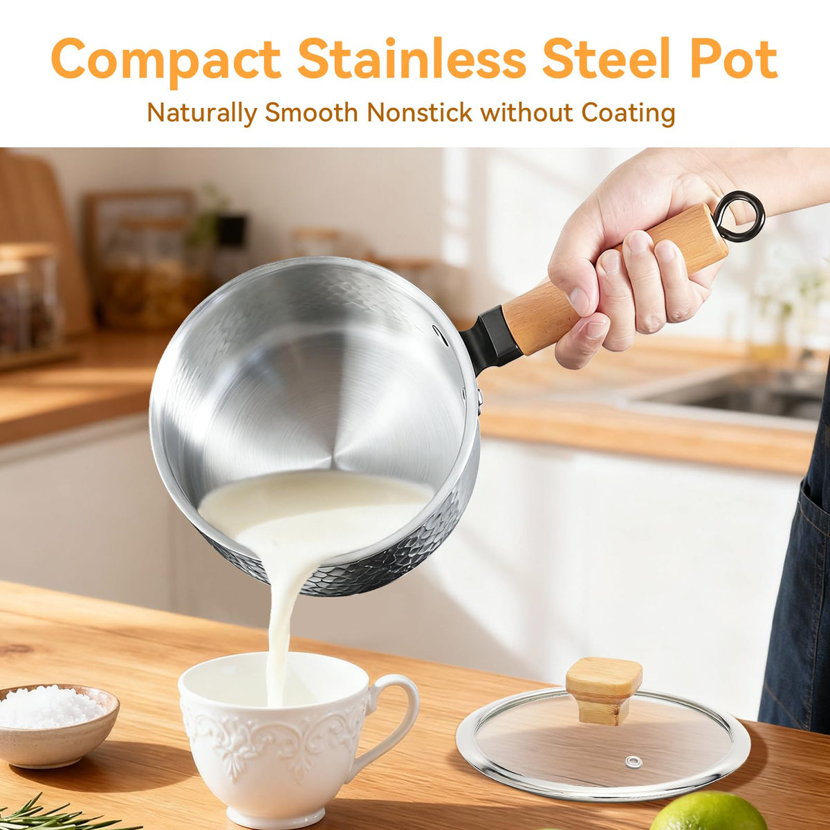 WANGYUANJI 1.8 Quart Stainless Steel Saucepan with Lid, Tri-Ply Steel Small Sauce Pan, Coating-Free Interior, Hammered Finish, Induction Compatible Soup Pot with Tempered Glass Lid & Wood Handle