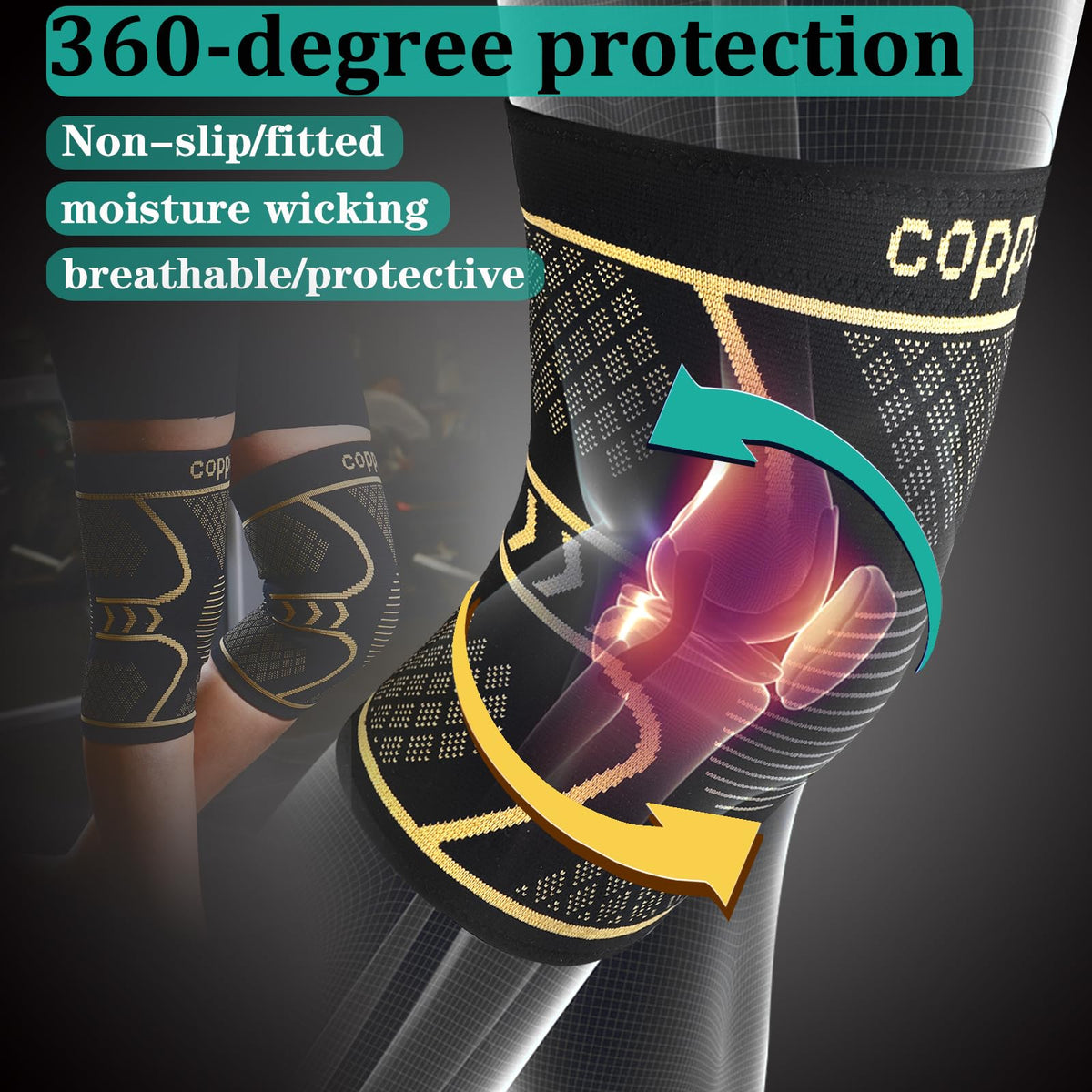 Copper Knee Braces for Women and Men 2 Pack, Knee Compression Sleeve for Knee Pain, Arthritis,ACL, Meniscus Tear, Joint Pain Relief, Knee Support for Running, Working Out, Fitness, Weightlifting-M