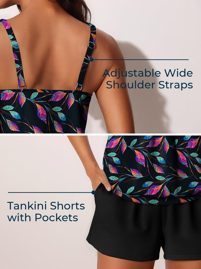 Summer Mae Blouson Womens Tankini Swimsuits 2026 Modest Tummy Control Bathing Suits Swim Shorts with Pockets for Beach Iridescent Leaf Size 16