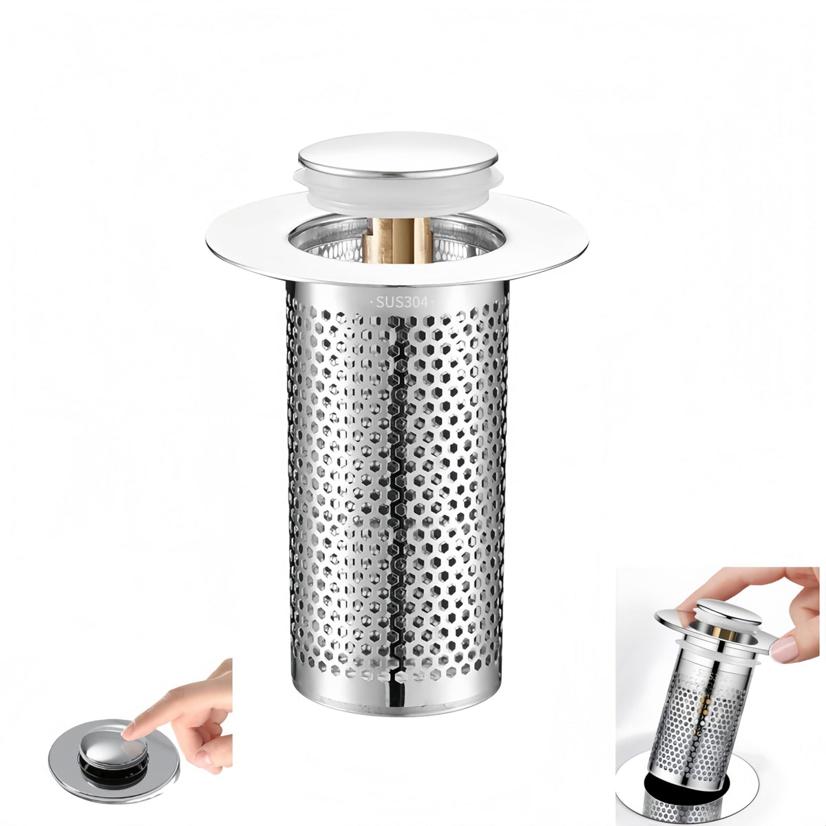 Bathroom and Kitchen Sink Drain Strainer, Universal Pop-up Sink Drain Strainer with Removable Stainless Steel Strainer Basket Hair Catcher, Universal Pop Up Bathroom Sink Stopper Replacement