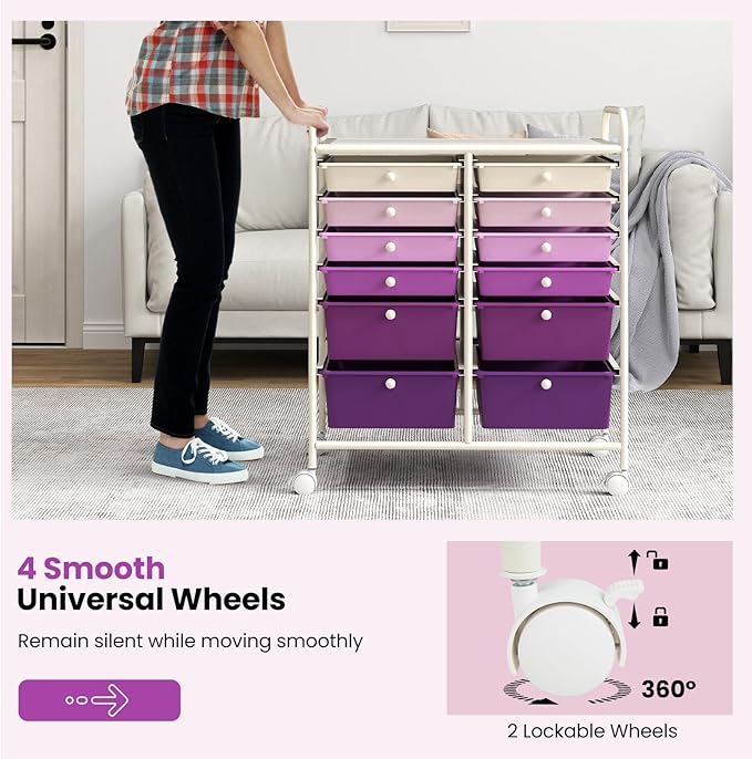 COSTWAY 12-Drawer Rolling Storage Cart, Moveable Art Craft Organizer W/Lockable Wheels, Metal Shelf, Files Arrangement Tools Makeup Storage Cart for Office, Home, School, Purple Gradient