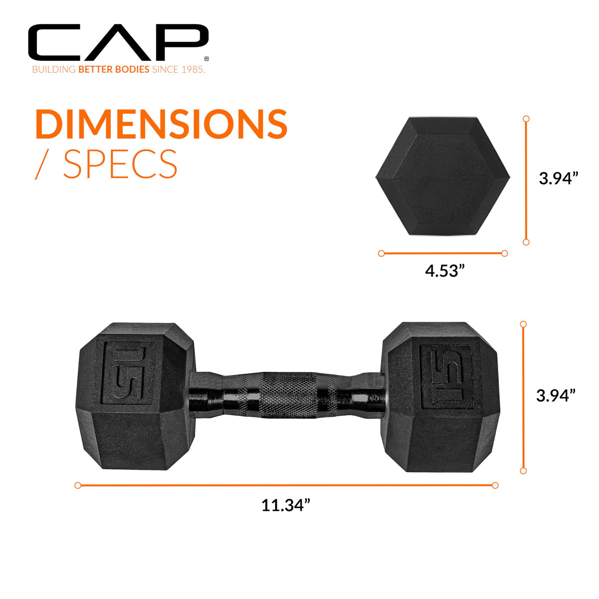 CAP 15 LB Rubber Coated Hex Dumbbell Weight, Rubber Free Weights for Home Gym Strength Training, Black Oxide Handle, Single