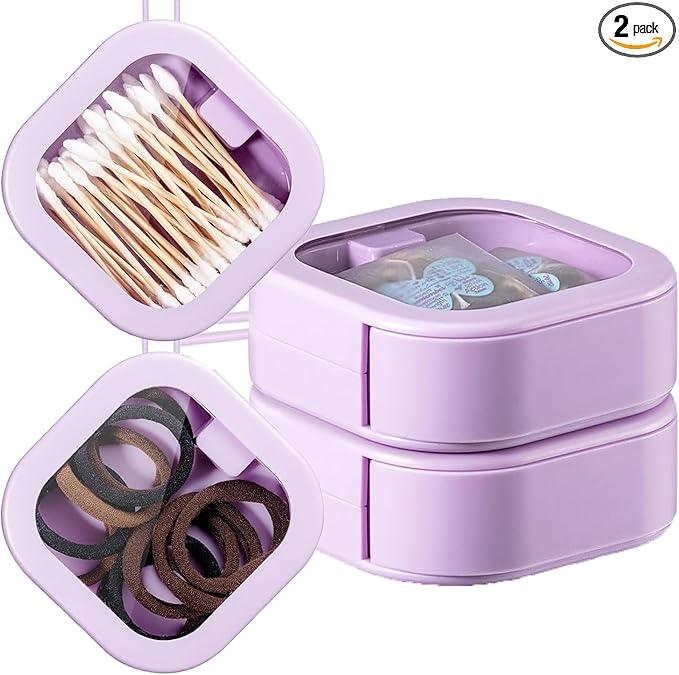2pcs Hair Tie Organizer,Portable Travel Qtip Holder,Bathroom Storage Organizer Qtip Dispenser Cotton Swabs Dispenser Kids Hair Accessory Box with Lid for Bathroom,Desktop Organizer(2PCS,Purple)