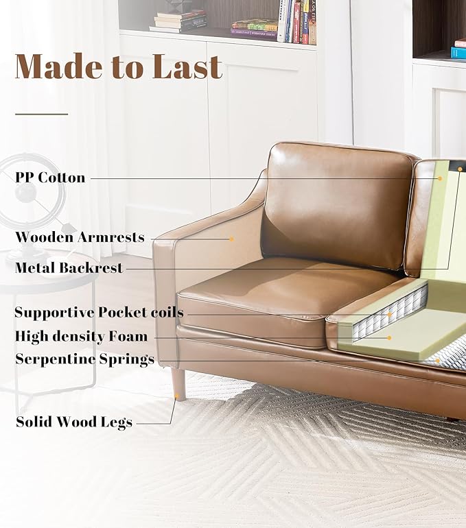 Kingfun Living Room Furniture Sets, 2 Armchair and Loveseat, Mid Century Modern Sofa Set, Faux Leather Couch with Solid Wood Frame for Living Room & Bedroom, Brown