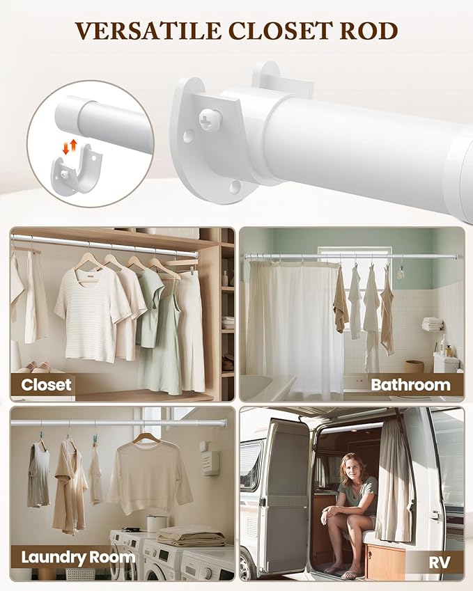 Closet Rod 17-39 IN, Heavy Duty Closet Rods for Hanging Clothes, Adjustable Closet Rods for Wardrobes Storage Laundry RV Bathroom, Easy Install, White
