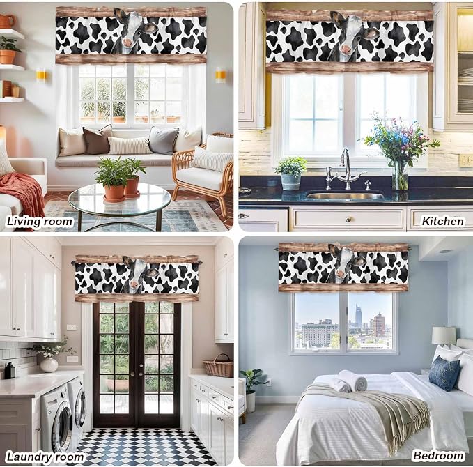 Cow Printed Curtain Valances for Windows, Kitchen Valance Window Treatment
