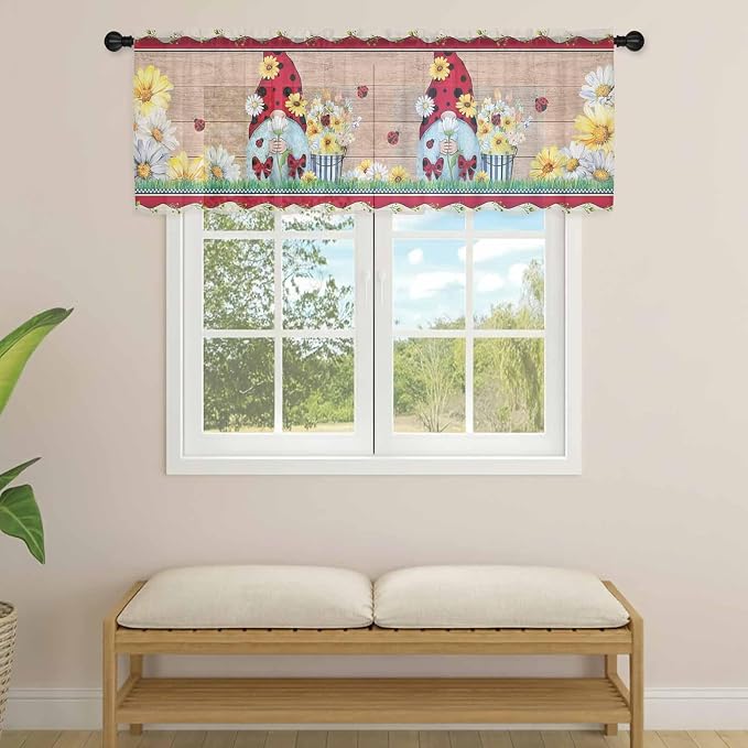 Ladybug Gnome Sheer Valance Curtains, Country Summer Rustic White Yellow Daisy