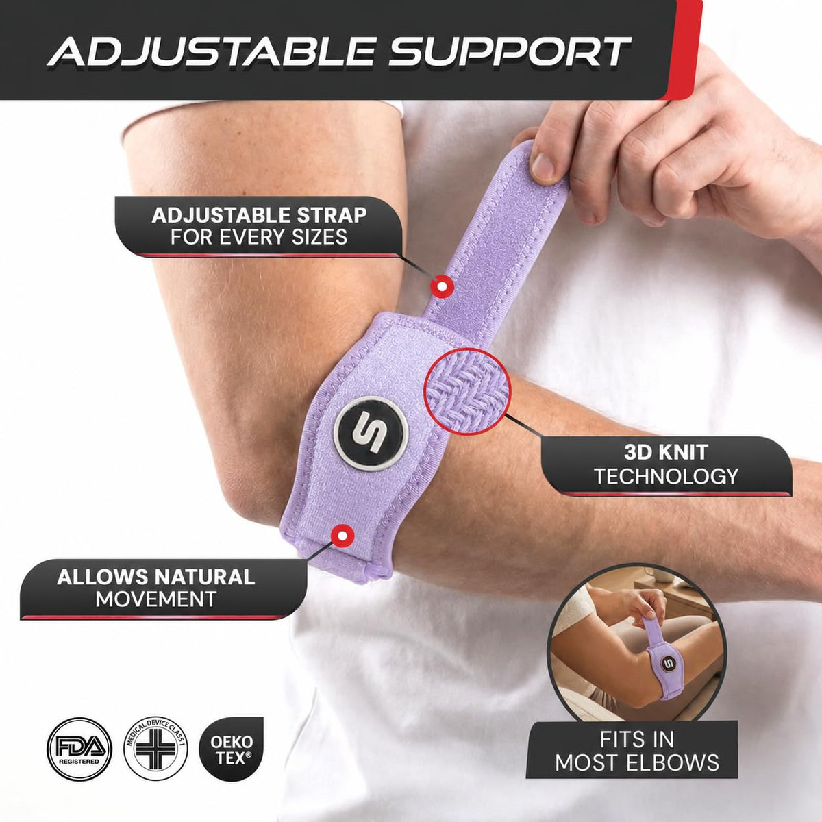 Sleeve Stars Tennis Elbow Brace for Men & Women, Elbow Brace for Tendonitis, Tennis Elbow Strap, Golfers Elbow Brace, Elbow Support Wrap for Tennis Elbow Relief, Fits 9"-23" (Single/Light Purple)