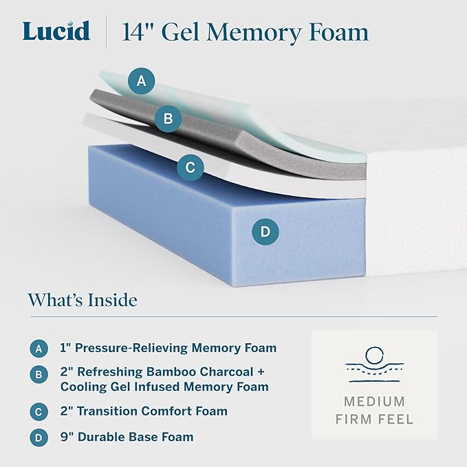 Lucid 14 Inch Memory Foam Mattress - Medium Firm Feel - Infused with Refreshing Bamboo Charcoal and Cooling Gel - Bed in a Box - Temperature Regulating - Pressure Relief - Breathable - Twin Size