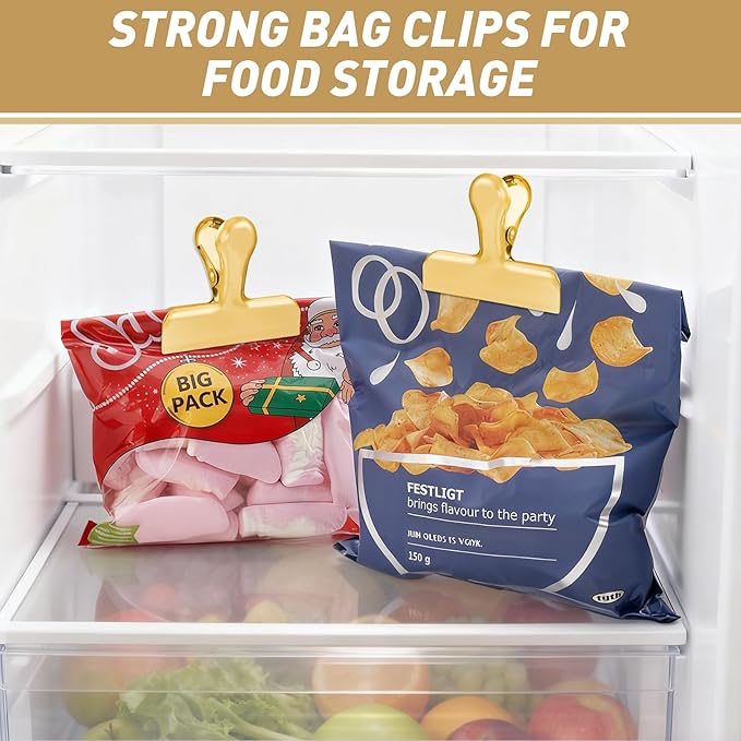 Funfery Gold Chip Clips Bag Clips Large Stainless Steel Clip for Food Storage,Air Tight Seal Chip Bag Clip 3 Inch Strong Food Clipp for Snack,Chips,Kitchen Decor,Home&Office Paper Heavy Duty-8 Pack