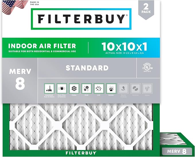 Filterbuy 10x10x1 Air Filter MERV 8 Essential Dust & Allergy Defense,