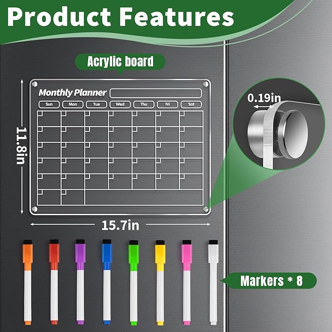 FINDMAG Acrylic Dry Erase Magnetic Calendar for Fridge, Magnetic Calendar for Refrigerator, Clear Monthly and Weekly Meal Planner Fridge Magnets, Chore Chart for Kids with 8 Colors Markers